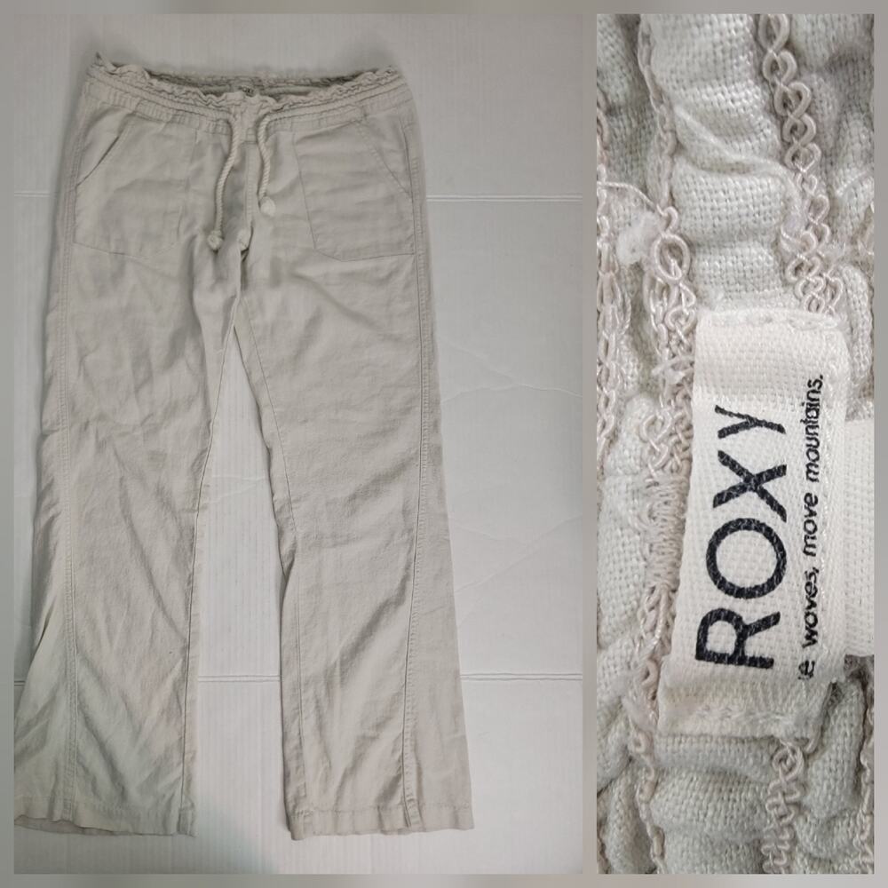 Roxy Linen Blend Pants Womens Sz S Low Rise Straight Drawstring Pockets Relaxed